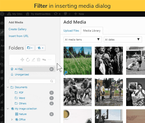 Medya ekleme iletişim kutusunda filtre: WordPress medya ekleme iletişim kutusunda, dosyalarınızı filtrelemek için sol tarafta klasörü bulacaksınız