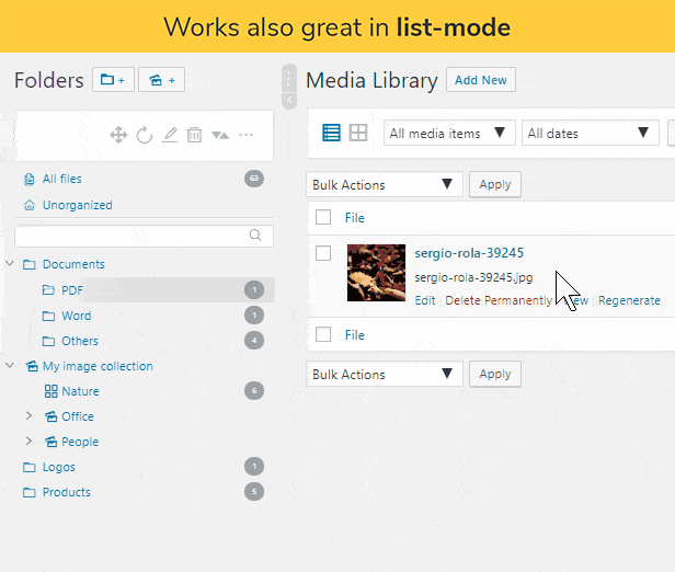 Liste modunda da harika çalışır: Liste modunda WordPress medya kitaplığına sahip Gerçek Medya Kitaplığı