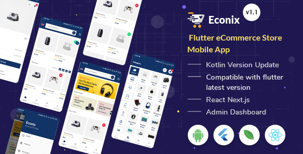 Econix - Flutter e-Ticaret Mağazası Mobil Uygulaması + React Node Admin Dashboard