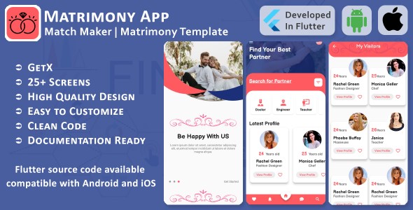 Evlilik Uygulaması - Match Maker, Arama Ortağı - Flutter Mobil Kullanıcı Arayüzü Şablonu/Kiti (Android, iOS)