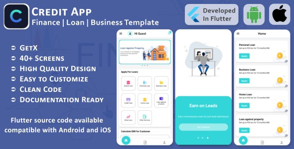 Kredi Uygulaması - Finans, Kredi, İşletme - Flutter Mobil Kullanıcı Arayüzü Şablonu/Kiti (Android, iOS)