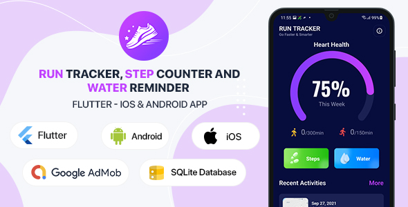 Run Tracker, Step Counter ve Water Reminder - Flutter Android & iOS Uygulaması (20 Dil)