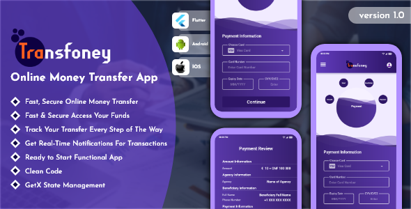 Transfony - Çevrimiçi Para Transferi Cüzdanı Flutter Uygulaması UI Kiti