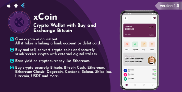 xCoin – Bitcoin Flutter App UI Kit Satın Alma ve Değiştirme ile Kripto Cüzdanı